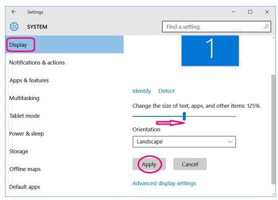 Changing the display settings in windows 10