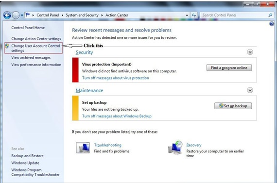 UAC settings in Windows 7