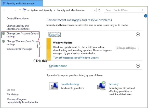 UAC settings in windows 10.