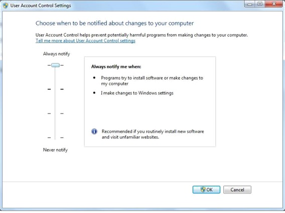 UAC settings in Windows 7