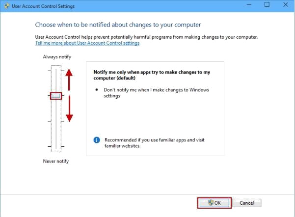 UAC settings in windows 10