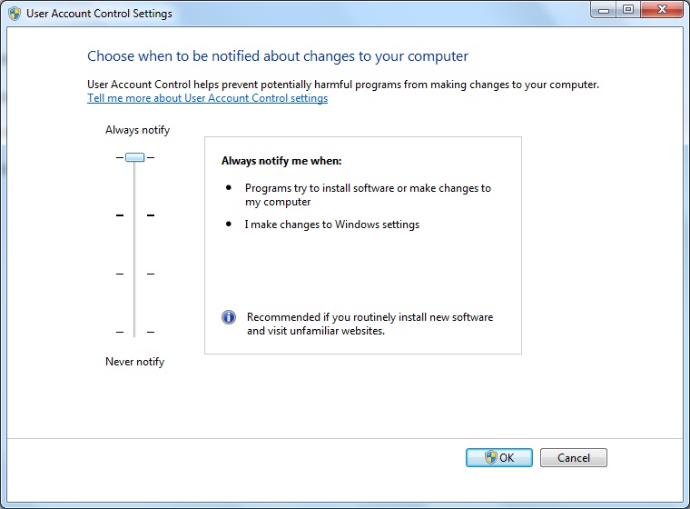 UAC settings in Windows 7 