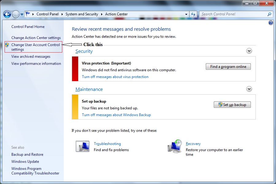 UAC settings in Windows 7 