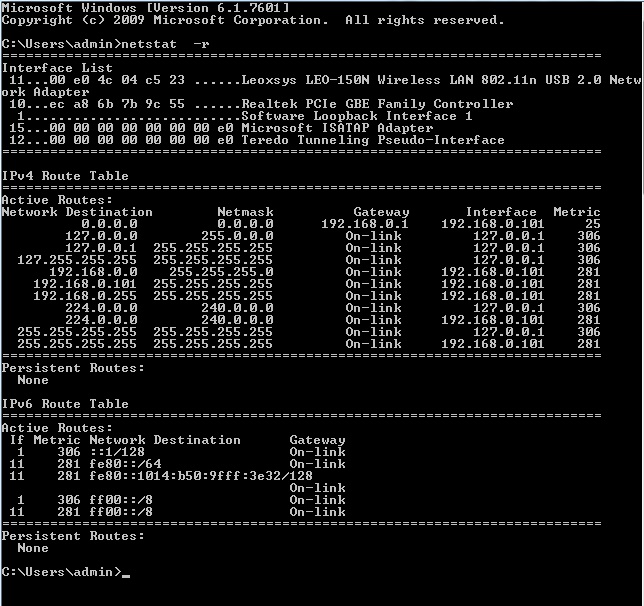 output displayed by using netstat -r command