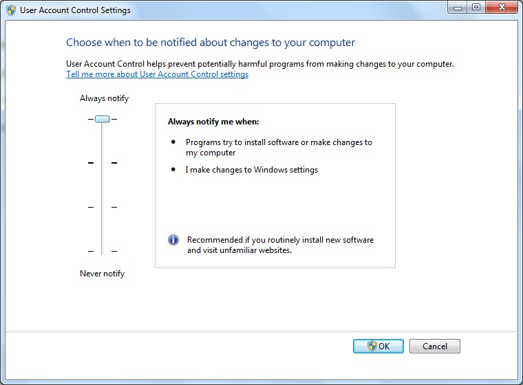 UAC settings in Windows 7 
