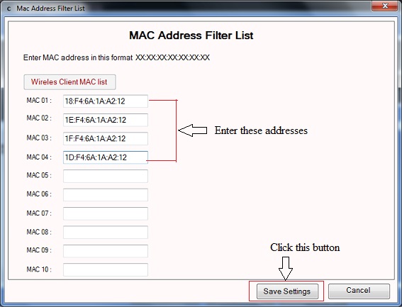 Enable MAC Address Filtering in the WAP device step 4