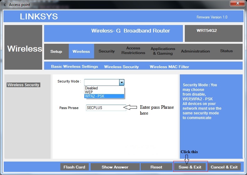Configure security encryption to WPA 2 with pass phrase SECPLUS step 3